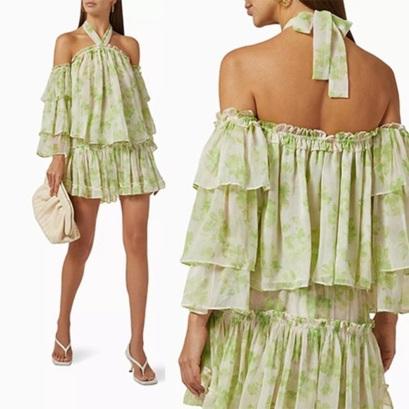 Misa Los Angeles Ditte Halter Neck Top Marion Tiered Green Mini Skirt Set - Picture 1 of 12